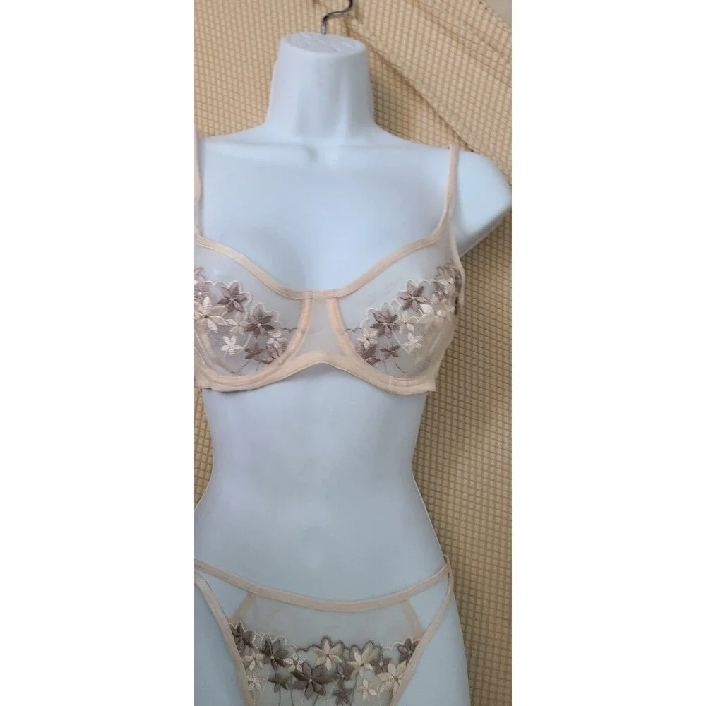 Panache Sheer Full Embroidered Size 34C and size S Thong Made In France New